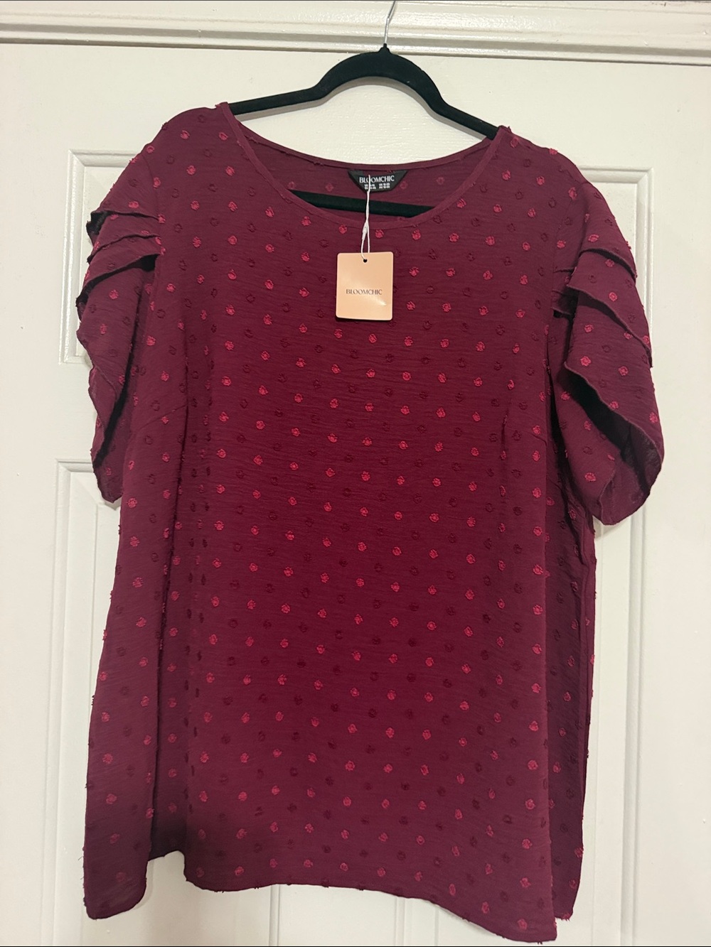 BloomChic Burgundy Dot Ruffle Sleeve Blouse